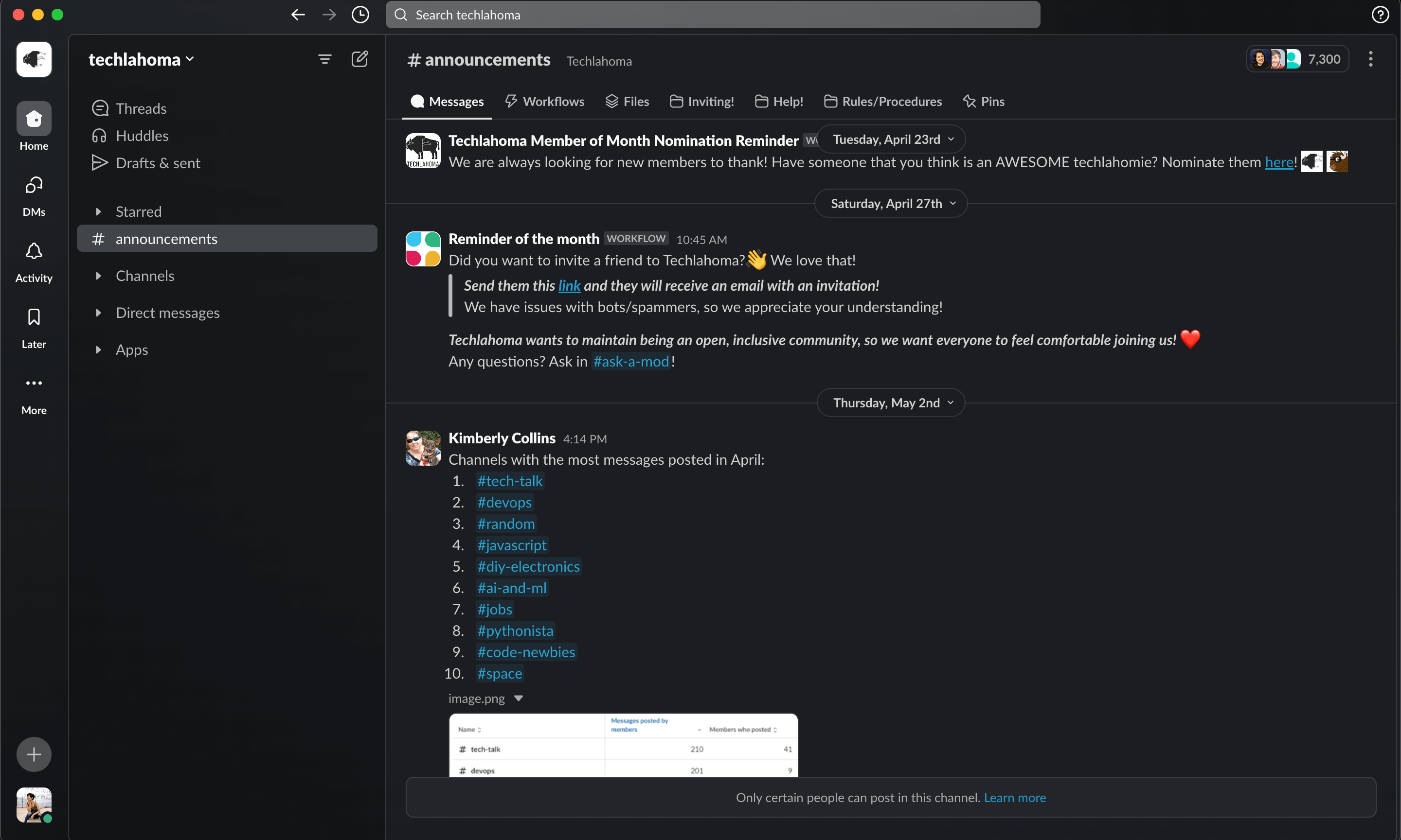 A screenshot of the Slack desktop UI in dark mode. It currently shows announcements in the Announcement channel.